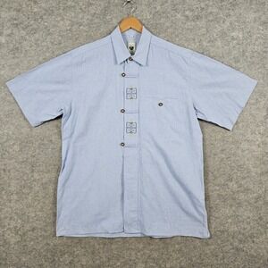 Alpenland‎ Men's Button Up Shirt Blue Cotton Embroidered Short Sleeve Size 44 XL